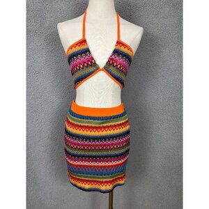 Colorful Women's Boho Knit Halter Top & Skirt Set Vibrant Multicolor Medium NWOT